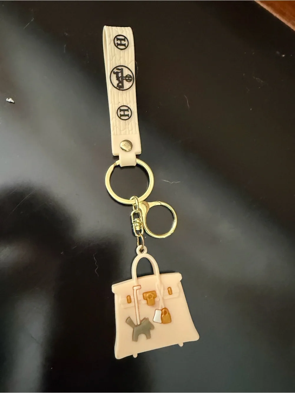 Beige Handbag Charm Silicone Keychain with Gold Hardware, NWOT